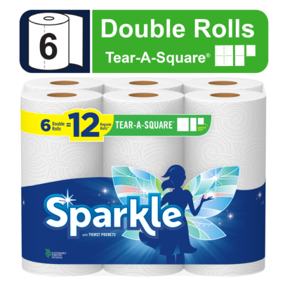 Sparkle Tear-a-Square Paper Towels, 6 Double Rolls, White, Customizable Sheet Size Paper Towel